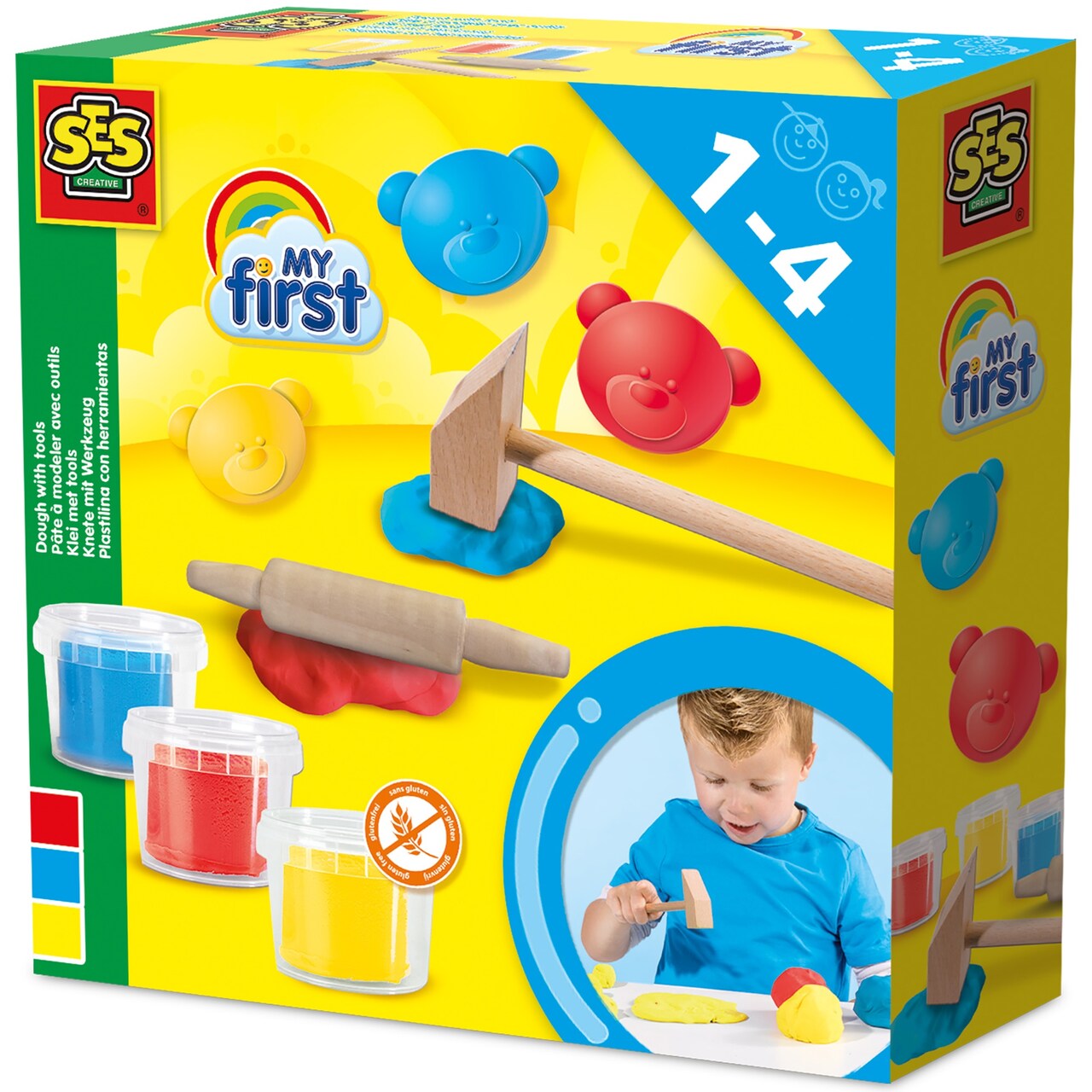 SES Creative: My First Dough With Tools - 3 Color 3oz Tubs, Red-Blue-Yellow, 2 Wooden Tools, Gluten-Free Play Dough, Sensory Play, Baby-Toddler-Kid 1+